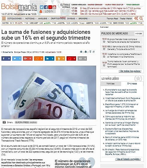 La suma de fusiones y adquisiciones sube un 16% en el segundo trimestre